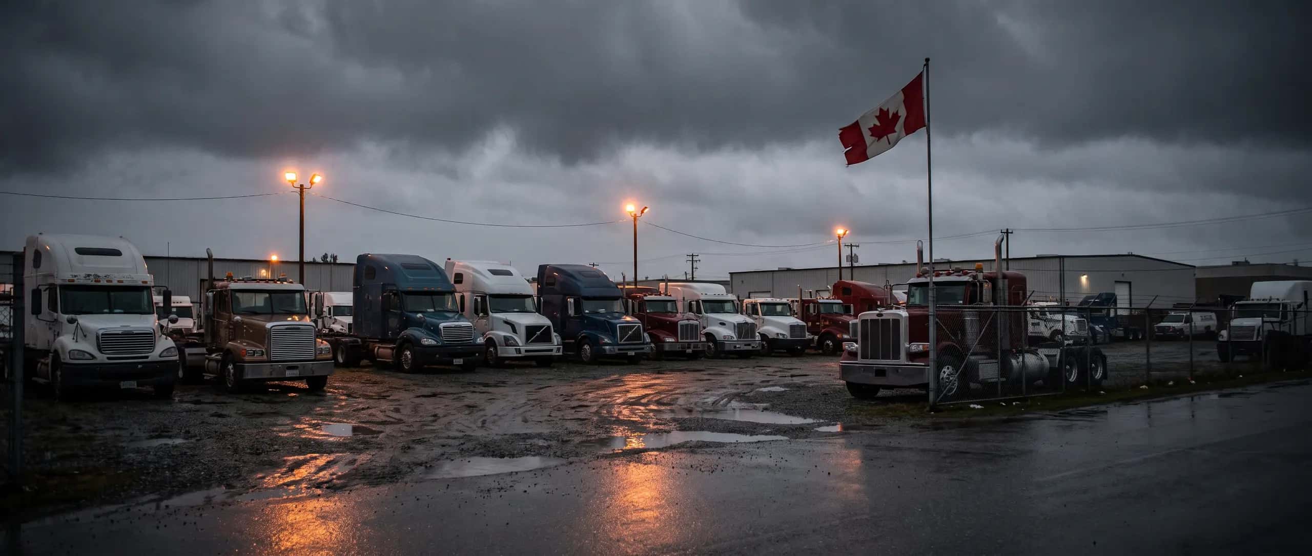 Truck World dealership lot at dusk with rows of commercial heavy-duty trucks