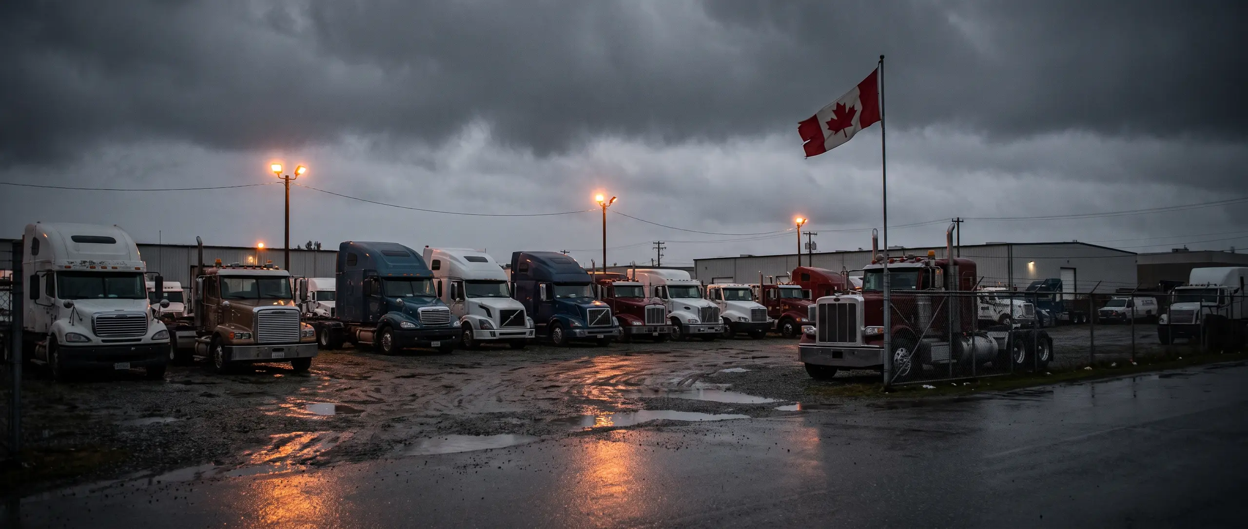 Truck World dealership lot at dusk with rows of commercial heavy-duty trucks
